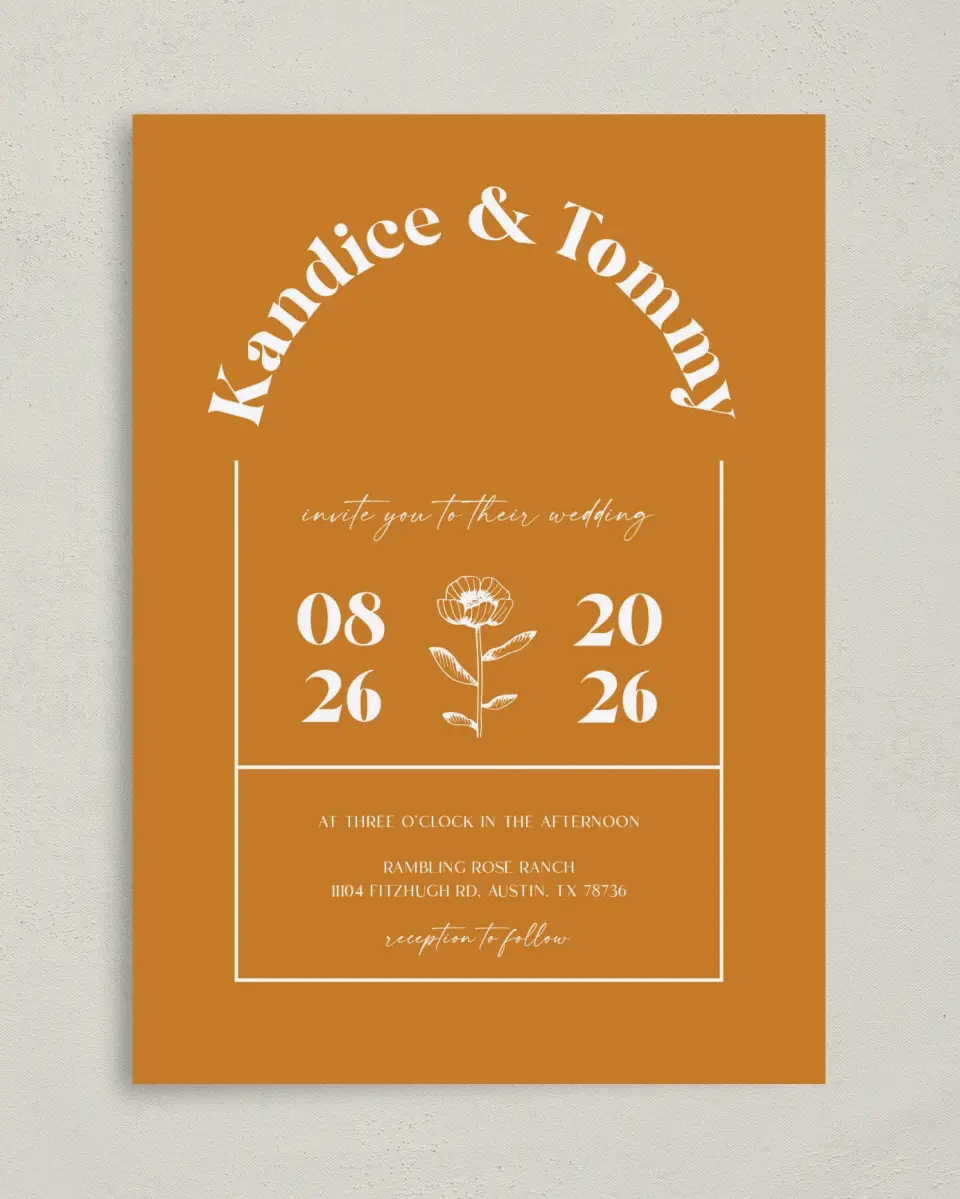 This is a 5" x 7" Classic Wedding Invitation called The Kandice printed in full color on Premium Smooth paper
