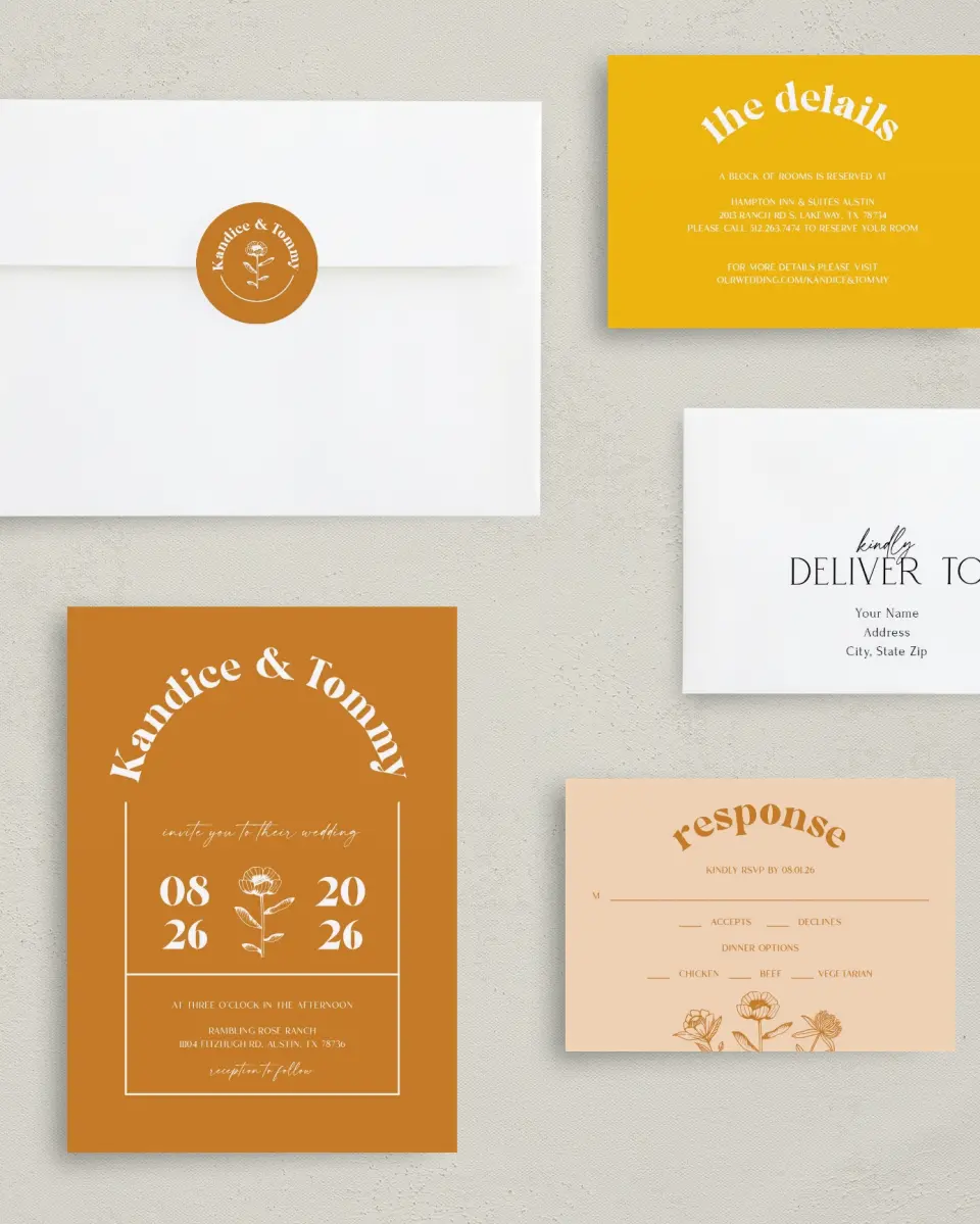 This is a 5" x 7" Classic Wedding Invitation called The Kandice printed in full color with Gold foil on Luxe Satin (coated) paper