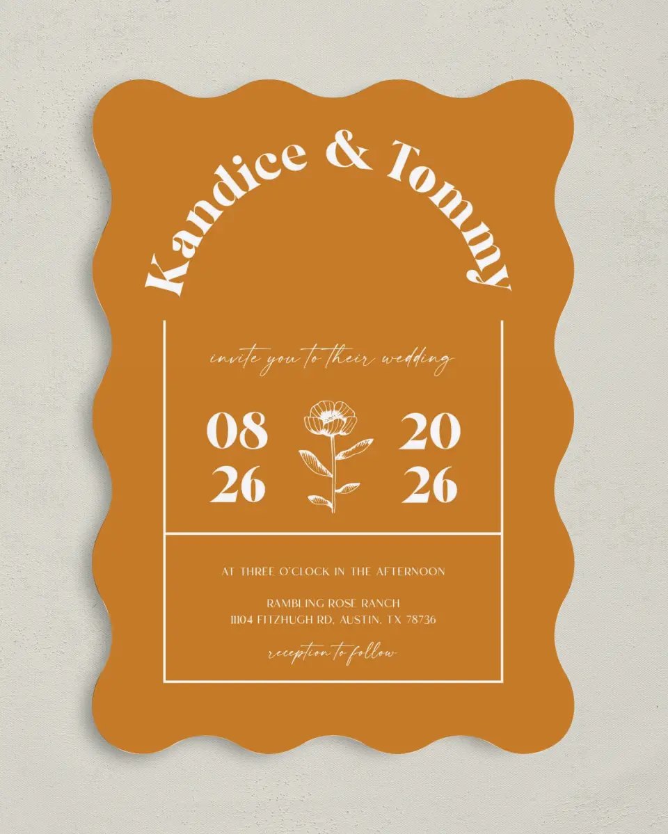 This is a 5" x 7" Wavy Wedding Invitation called The Kandice printed in full color on Premium Smooth paper