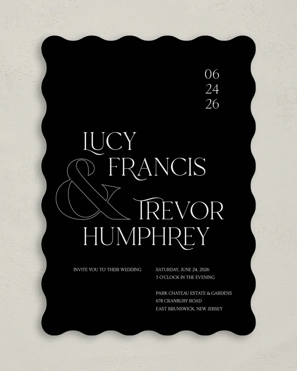 This is a 5" x 7" Wavy Wedding Invitation called The Lucy printed in full color on Premium Smooth paper