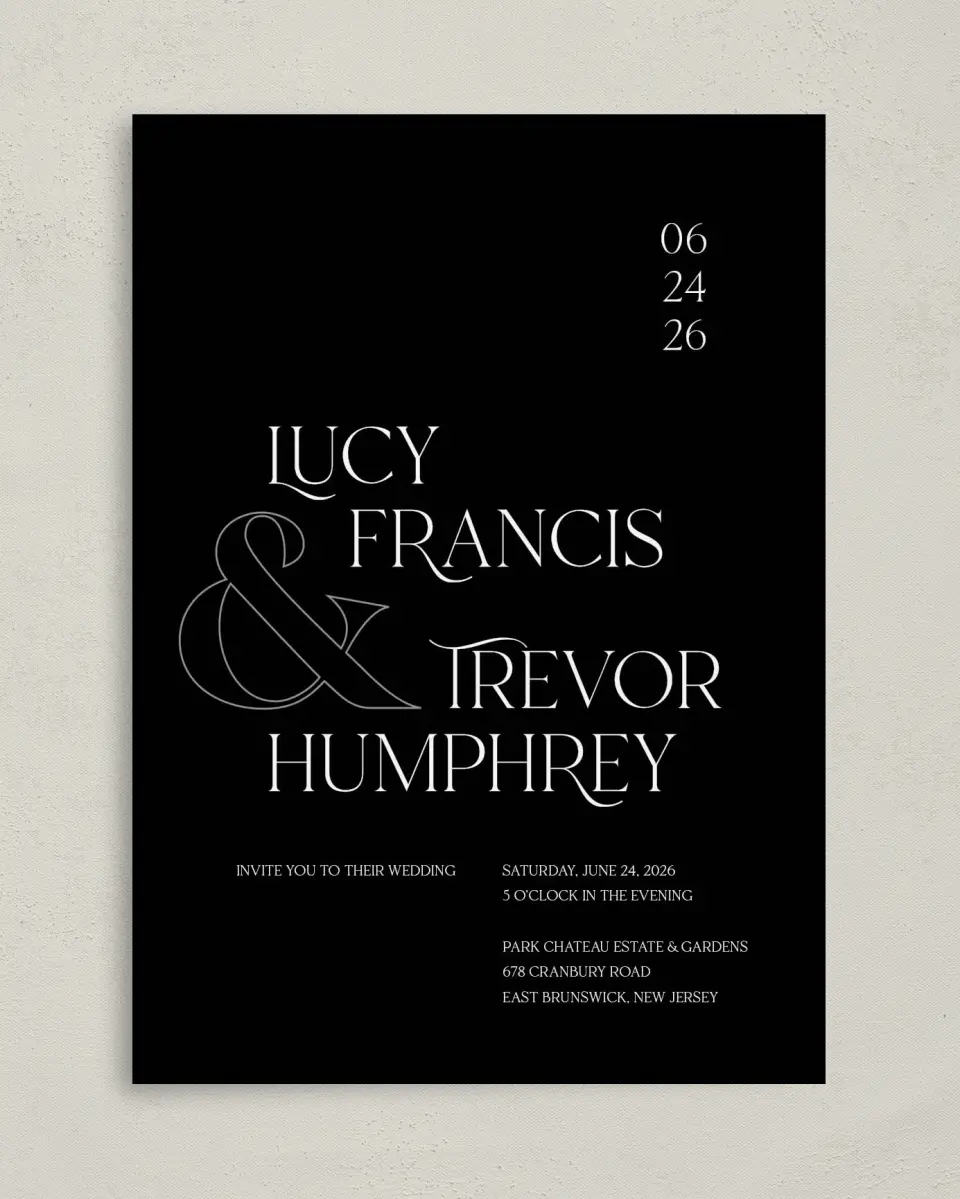 This is a 5" x 7" Classic Wedding Invitation called The Lucy printed in full color on Premium Smooth paper