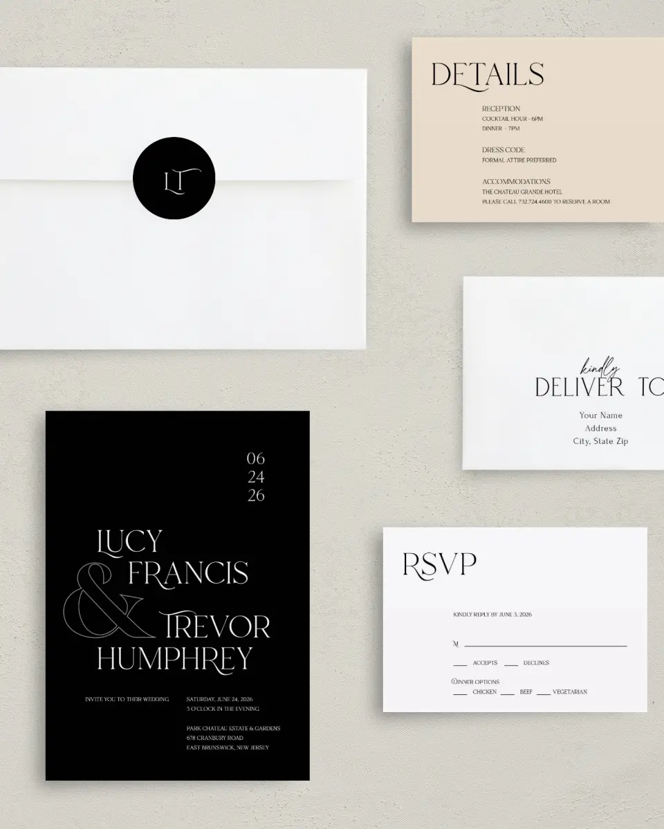 This is a 5" x 7" Classic Wedding Invitation called The Lucy printed in full color with Rose Gold foil on Luxe Satin (coated) paper