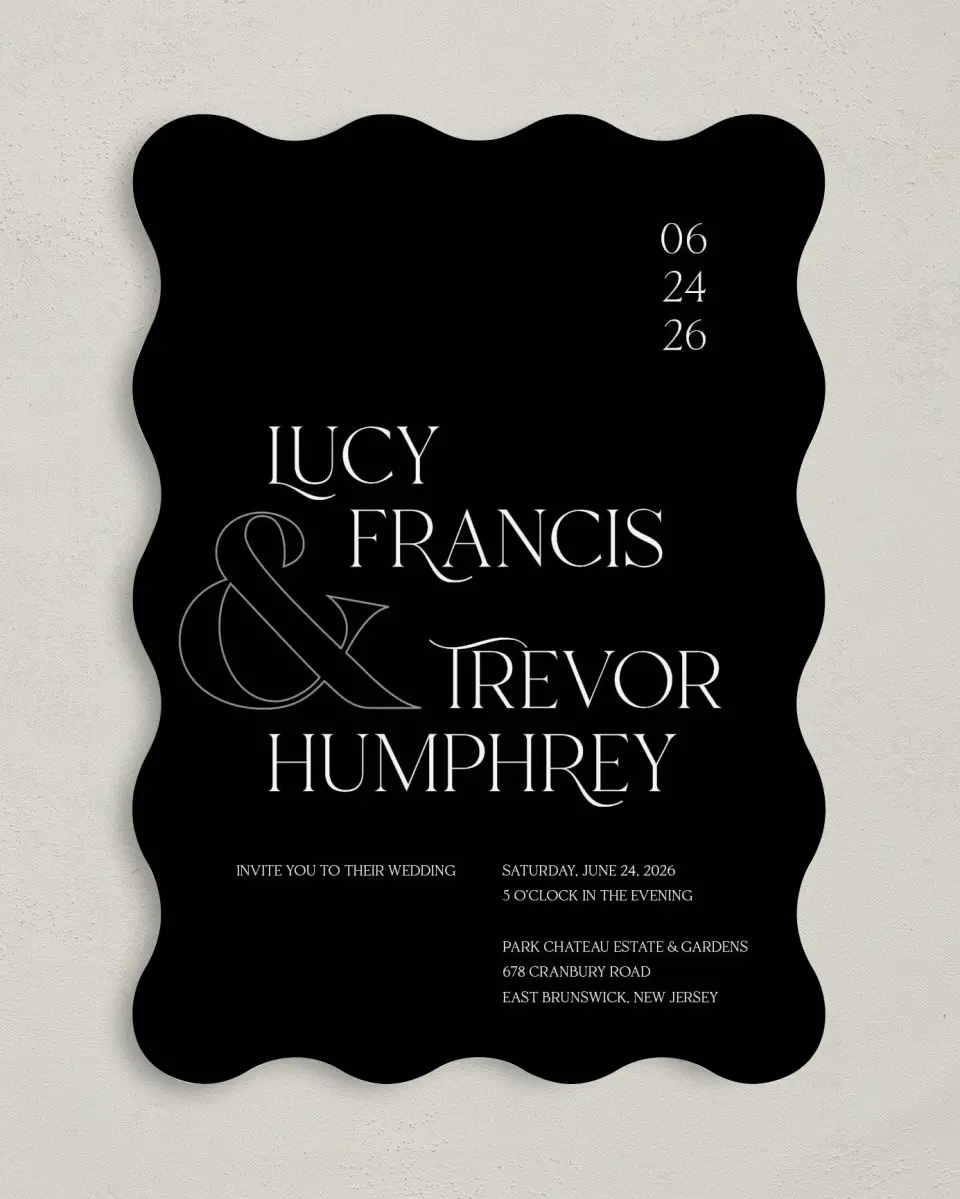 This is a 5" x 7" Wavy Wedding Invitation called The Lucy printed in full color on Premium Smooth paper