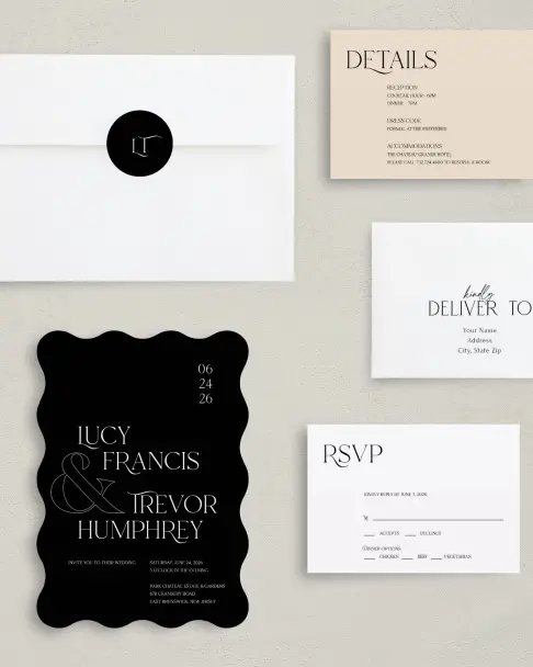 This is a 5" x 7" Wavy Wedding Invitation called The Lucy printed in full color on Premium Smooth paper