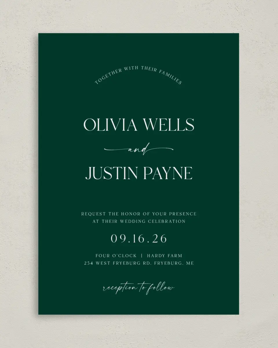 This is a 5" x 7" Classic Wedding Invitation called The Olivia printed in full color on Premium Smooth paper
