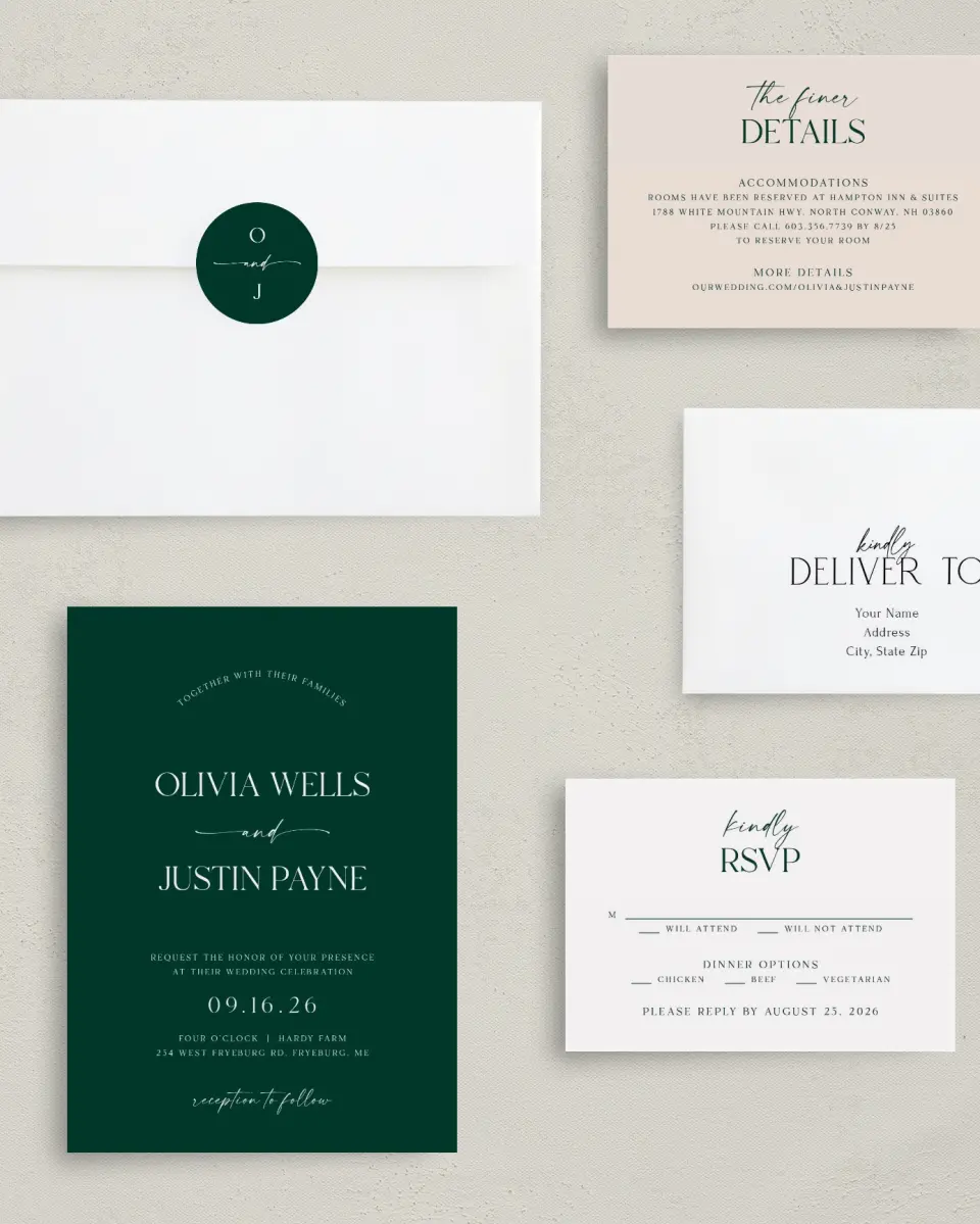 This is a 5" x 7" Classic Wedding Invitation called The Olivia printed in full color with Rose Gold foil on Luxe Satin (coated) paper