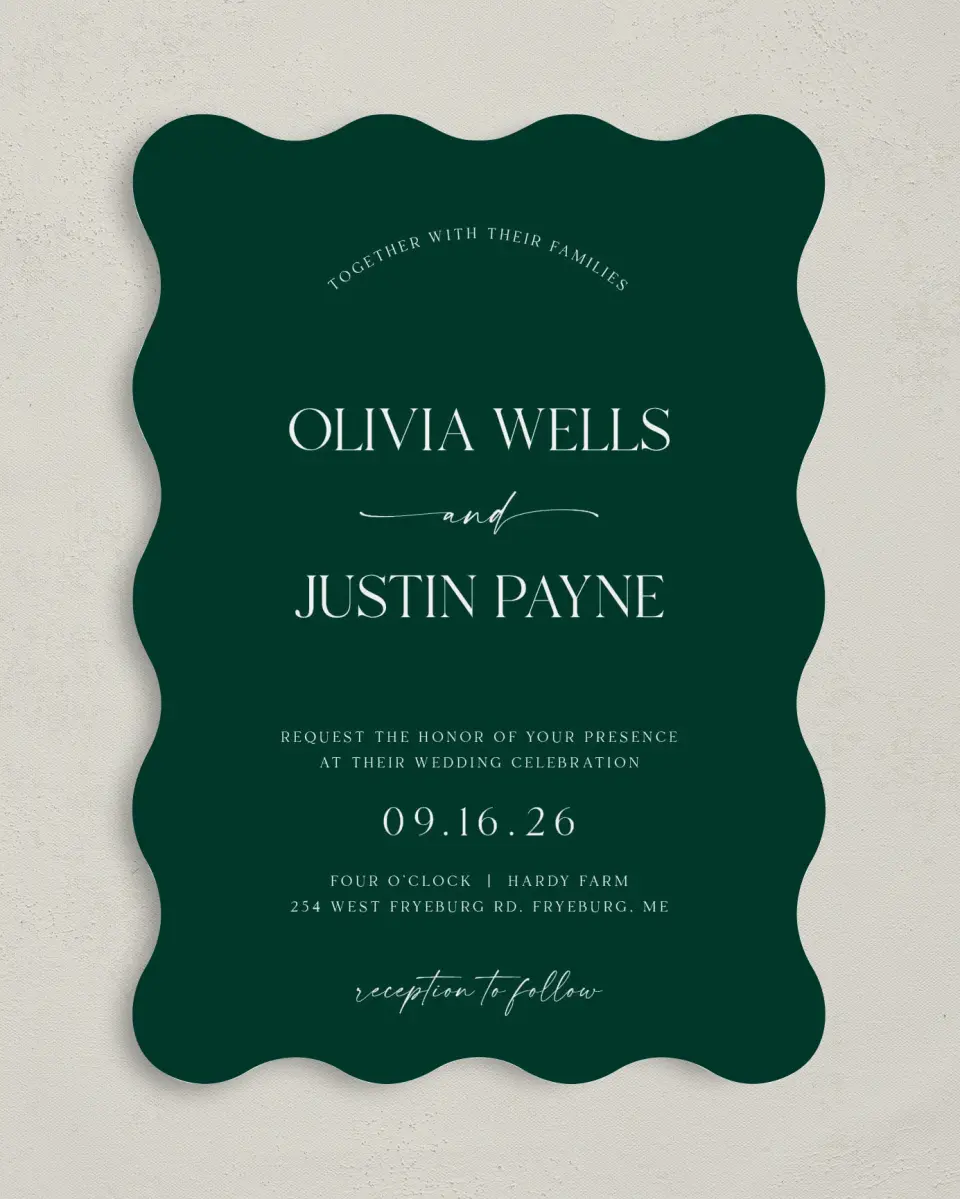 This is a 5" x 7" Wavy Wedding Invitation called The Olivia printed in full color on Premium Smooth paper