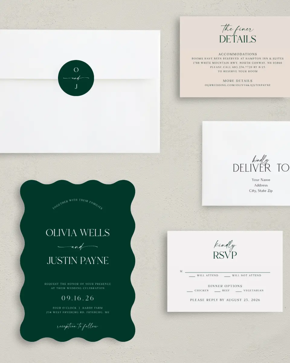 This is a 5" x 7" Wavy Wedding Invitation called The Olivia printed in full color with Gold foil on Luxe Satin (coated) paper