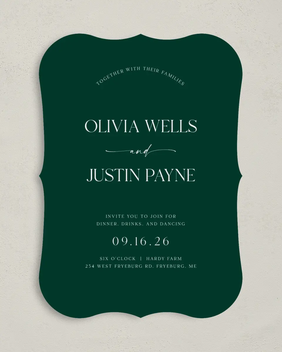 This is a 5" x 7" Reception-Only - CP called The Olivia printed in full color with Silver foil on Luxe Satin (coated) paper