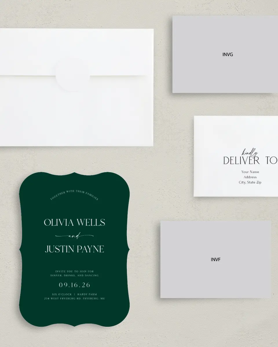 This is a 5" x 7" Reception-Only - CP called The Olivia printed in full color with Silver foil on Luxe Satin (coated) paper