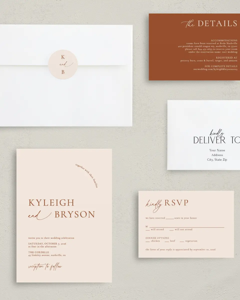 This is a 5" x 7" Classic Wedding Invitation called The Kyleigh printed in full color with Gold foil on Luxe Satin (coated) paper