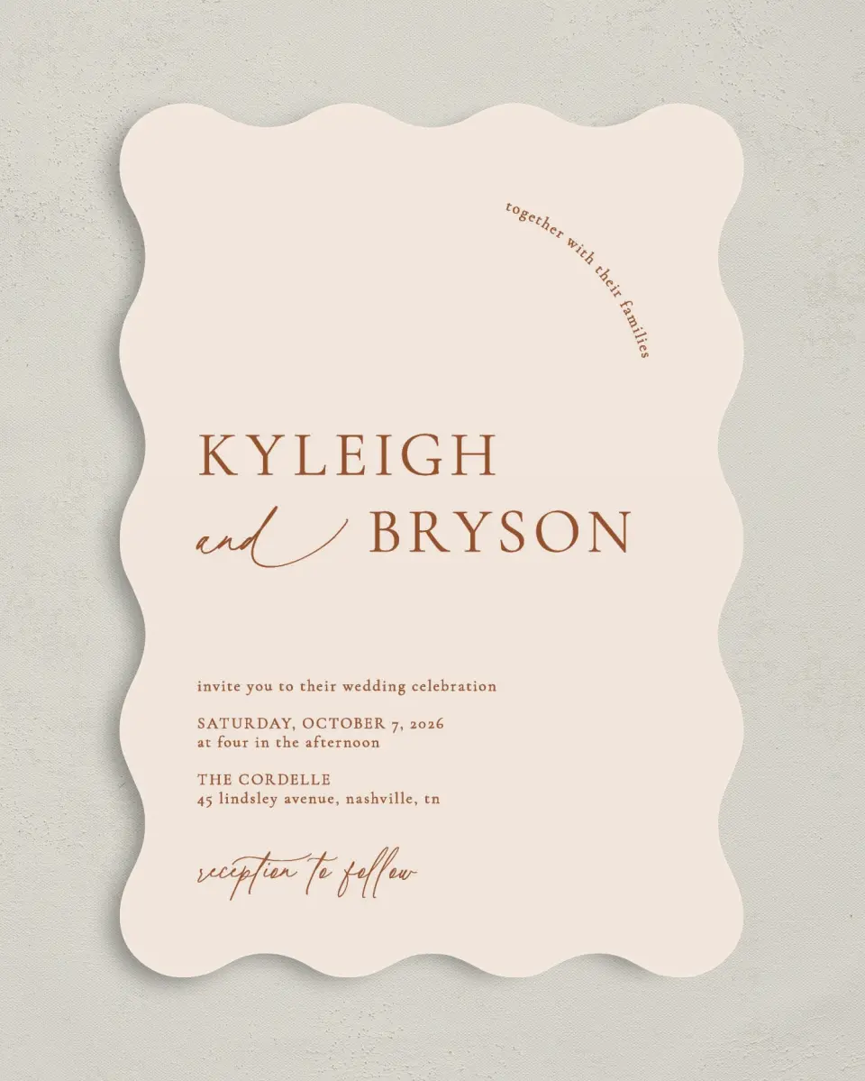 This is a 5" x 7" Wavy Wedding Invitation called The Kyleigh printed in full color on Premium Smooth paper