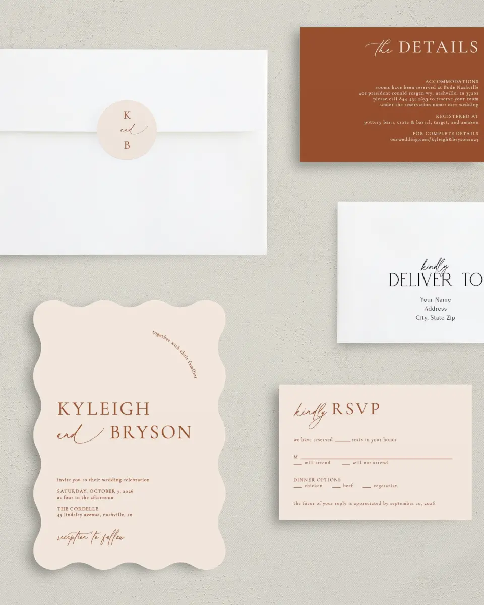 This is a 5" x 7" Wavy Wedding Invitation called The Kyleigh printed in full color with Rose Gold foil on Luxe Satin (coated) paper