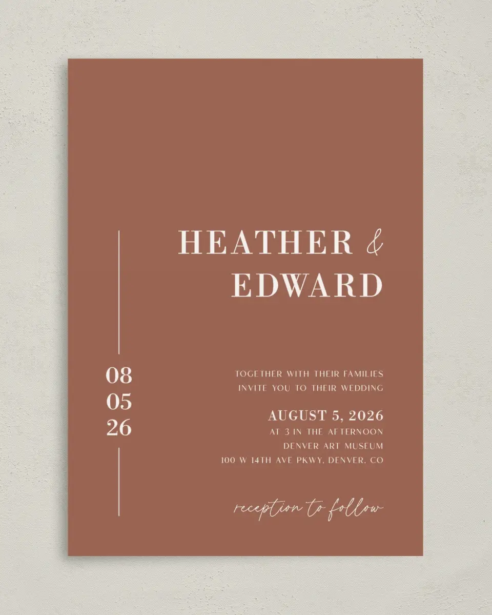 This is a 5" x 7" Classic Wedding Invitation called The Heather printed in full color with Silver foil on Luxe Satin (coated) paper