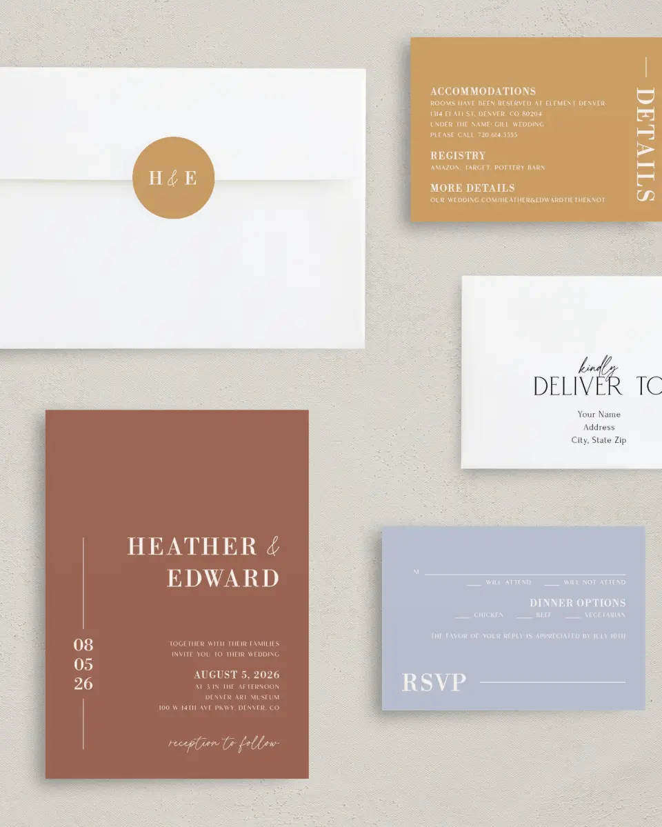 This is a 5" x 7" Classic Wedding Invitation called The Heather printed in full color with Silver foil on Luxe Satin (coated) paper