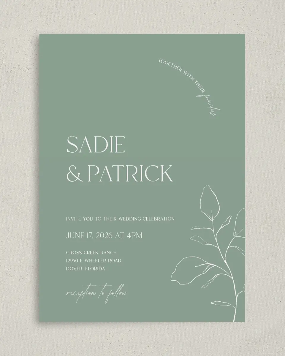 This is a 5" x 7" Classic Wedding Invitation called The Sadie printed in full color on Premium Smooth paper