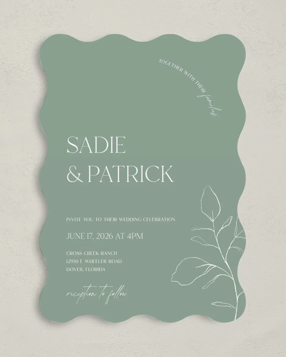 This is a 5" x 7" Wavy Wedding Invitation called The Sadie printed in full color on Premium Smooth paper