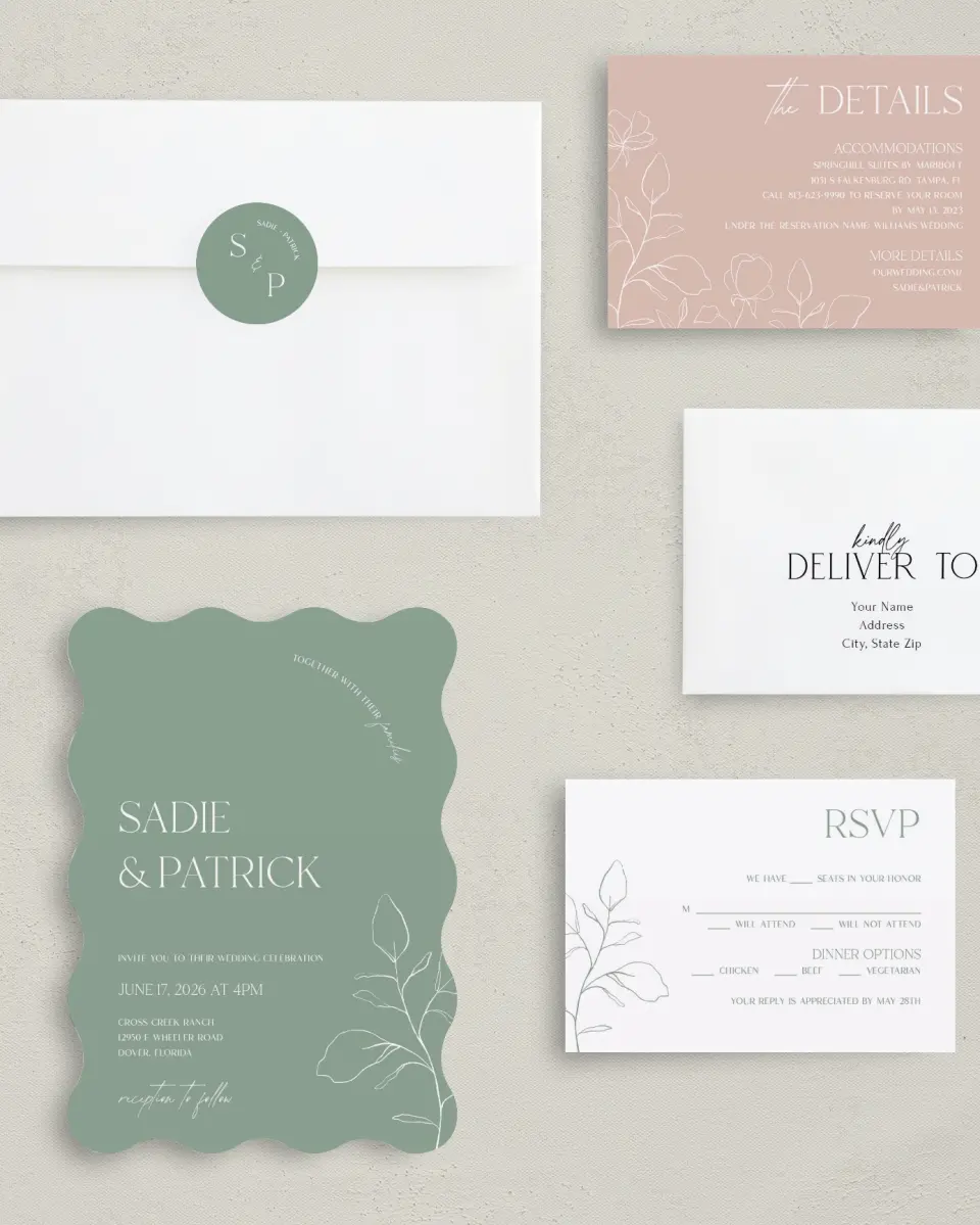 This is a 5" x 7" Wavy Wedding Invitation called The Sadie printed in full color with Silver foil on Luxe Satin (coated) paper