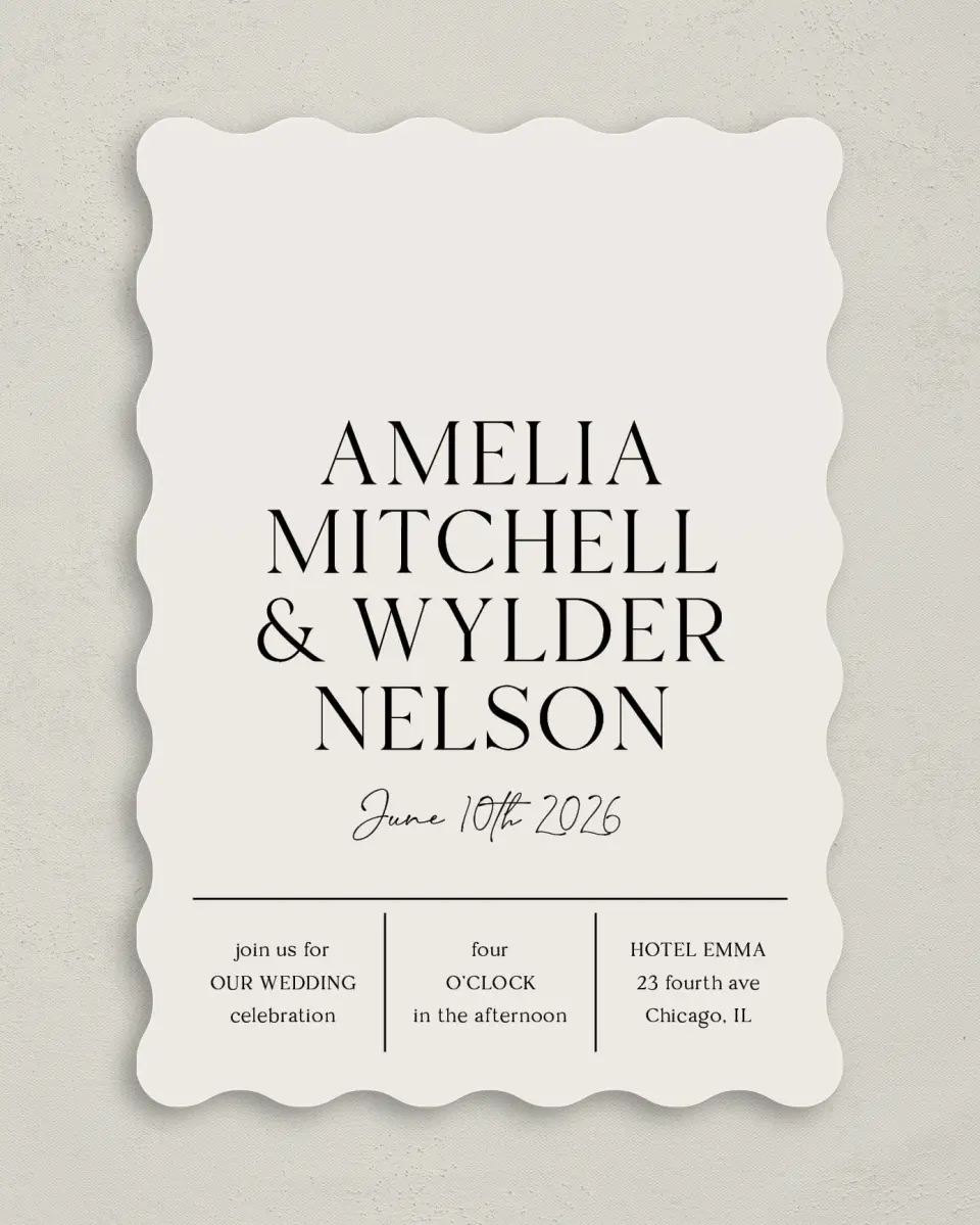This is a 5" x 7" Wavy Wedding Invitation called Noble Names printed in full color on Premium Smooth paper