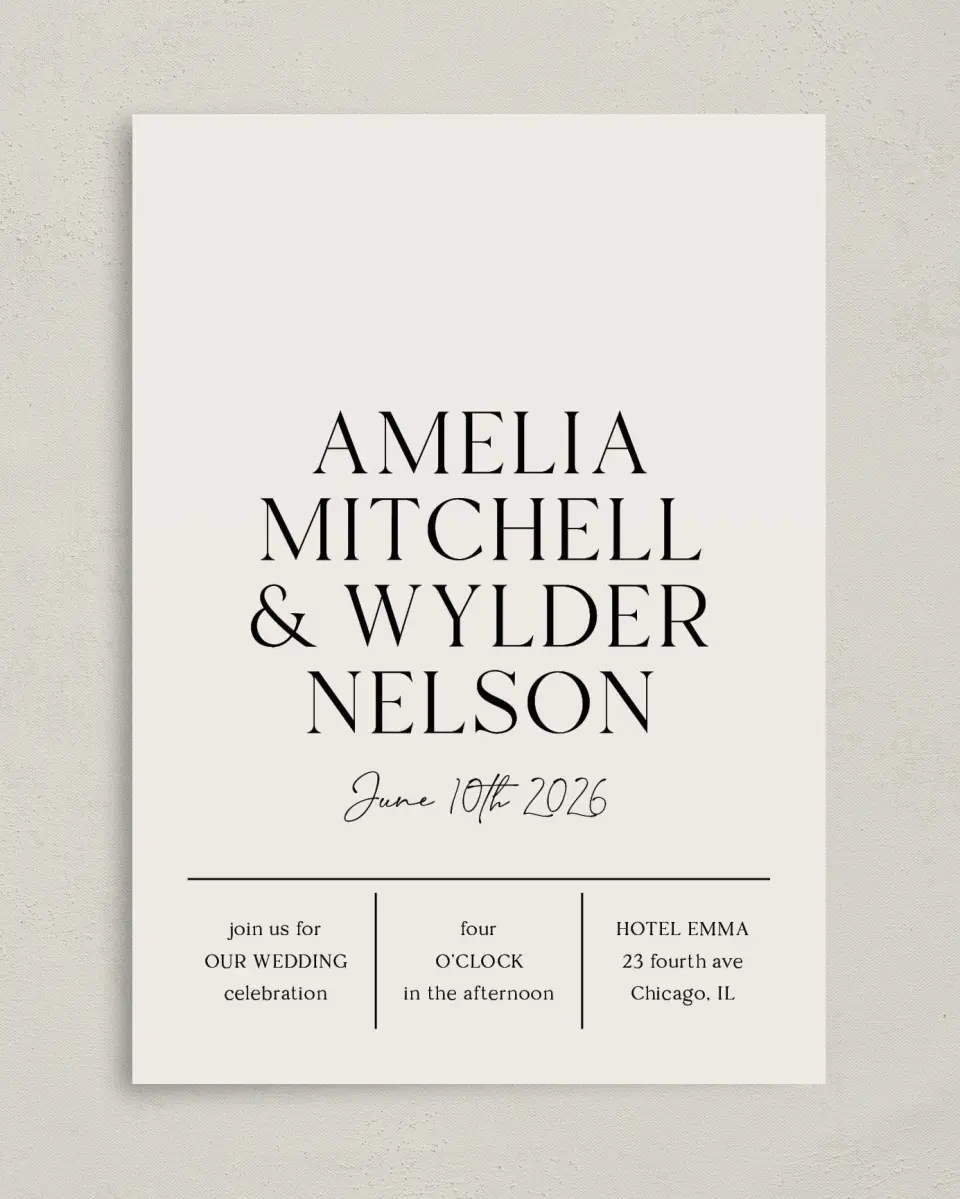 This is a 5" x 7" Classic Wedding Invitation called Noble Names printed in full color on Premium Smooth paper