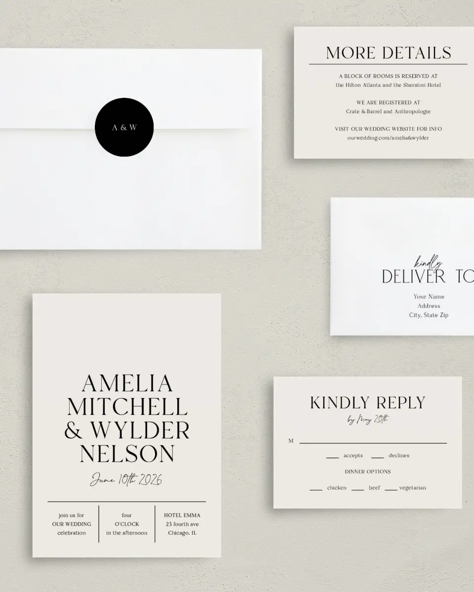 This is a 5" x 7" Classic Wedding Invitation called Noble Names printed in full color on Premium Smooth paper
