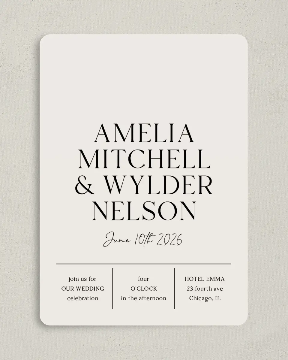 This is a 5" x 7" Rounded Wedding Invitation called Noble Names printed in full color on Premium Smooth paper