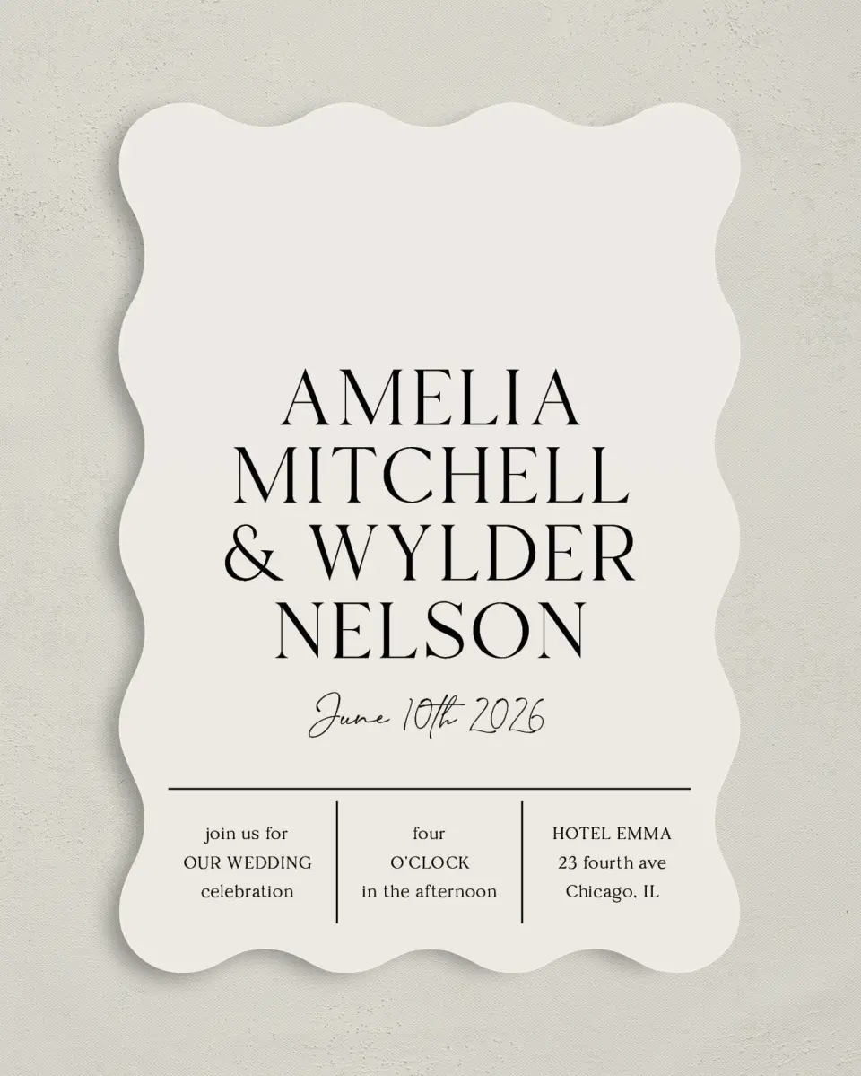 This is a 5" x 7" Wavy Wedding Invitation called Noble Names printed in full color on Premium Smooth paper