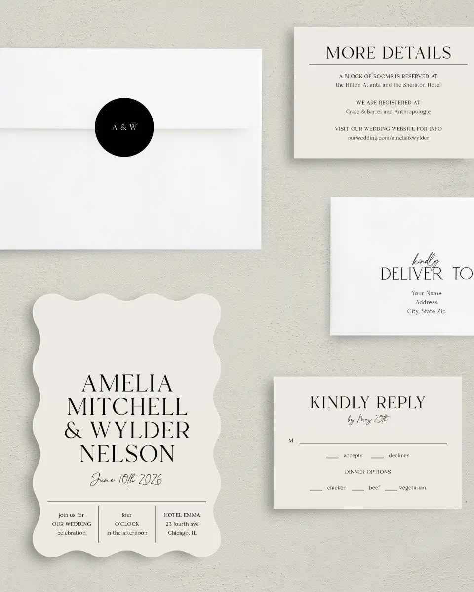 This is a 5" x 7" Wavy Wedding Invitation called Noble Names printed in full color with Silver foil on Luxe Satin (coated) paper