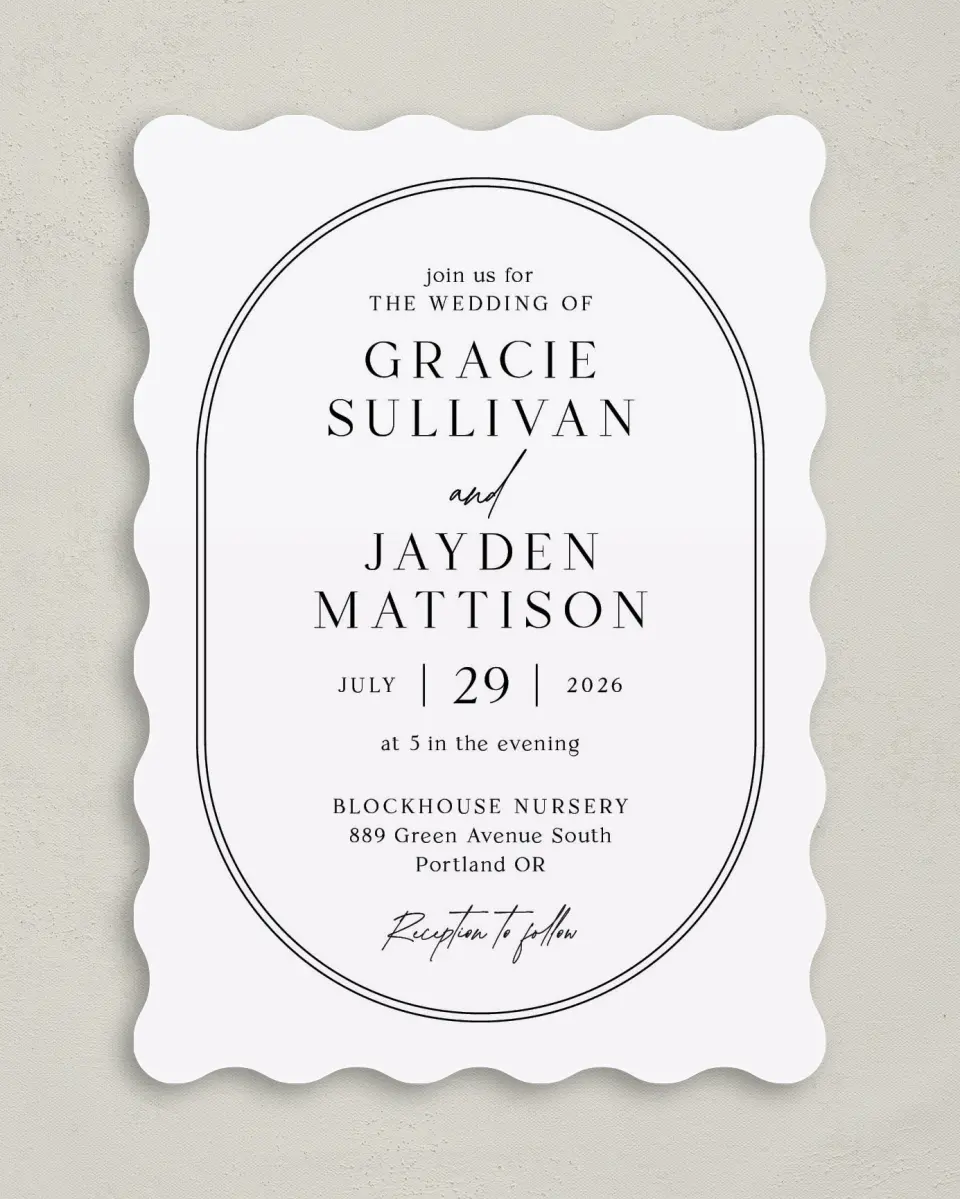 This is a 5" x 7" Wavy Wedding Invitation called Dramatic Date printed in full color on Premium Smooth paper