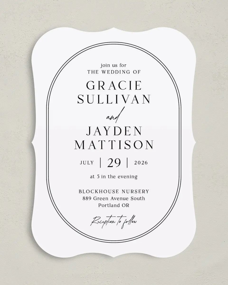 This is a 5" x 7" Bracket Wedding Invitation called Dramatic Date printed in full color with Silver foil on Luxe Satin (coated) paper