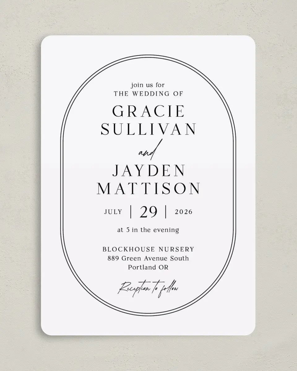 This is a 5" x 7" Rounded Wedding Invitation called Dramatic Date printed in full color on Premium Smooth paper