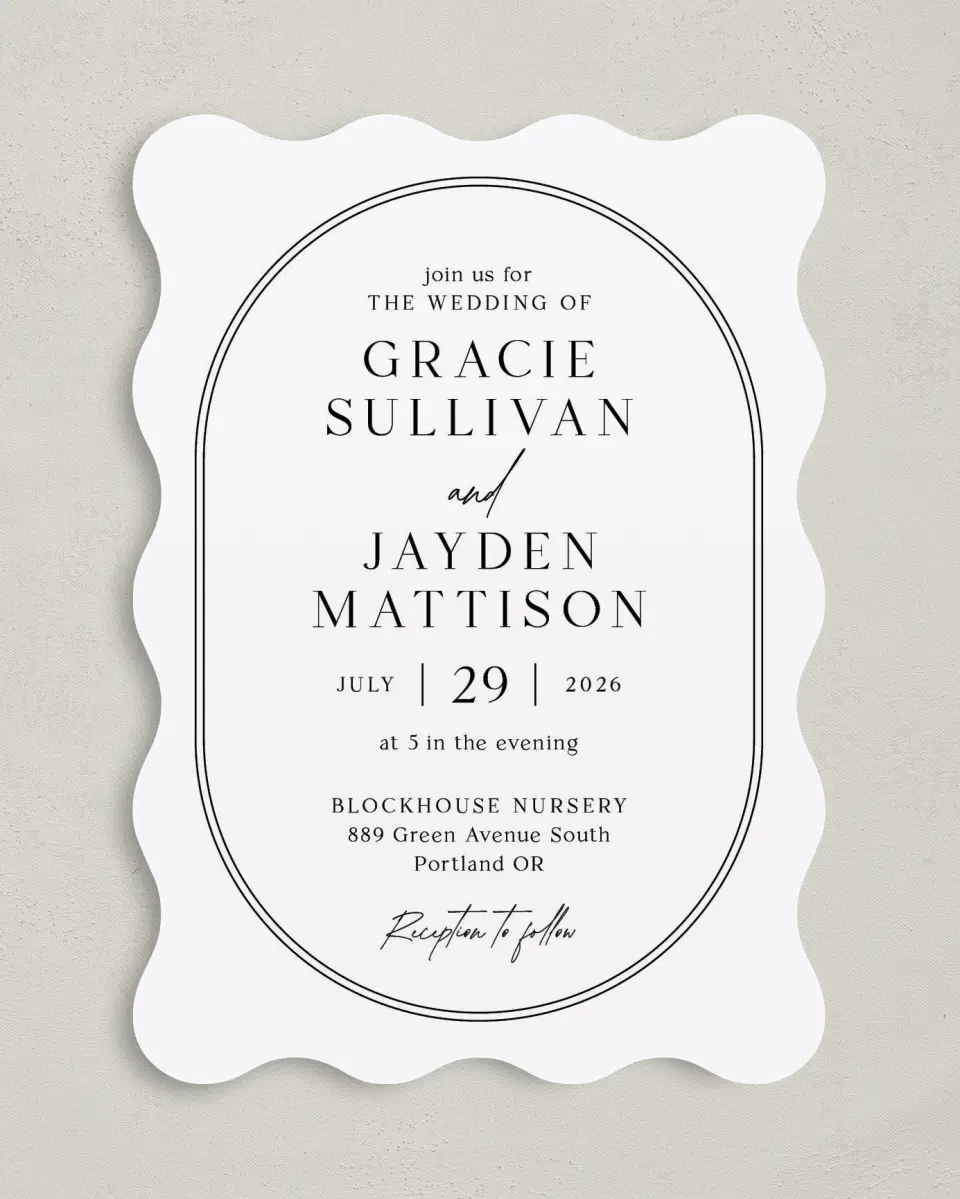 This is a 5" x 7" Wavy Wedding Invitation called Dramatic Date printed in full color on Premium Smooth paper