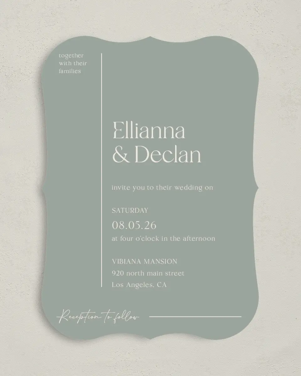 This is a 5" x 7" Bracket Wedding Invitation called Elegant Lines printed in full color with Silver foil on Luxe Satin (coated) paper
