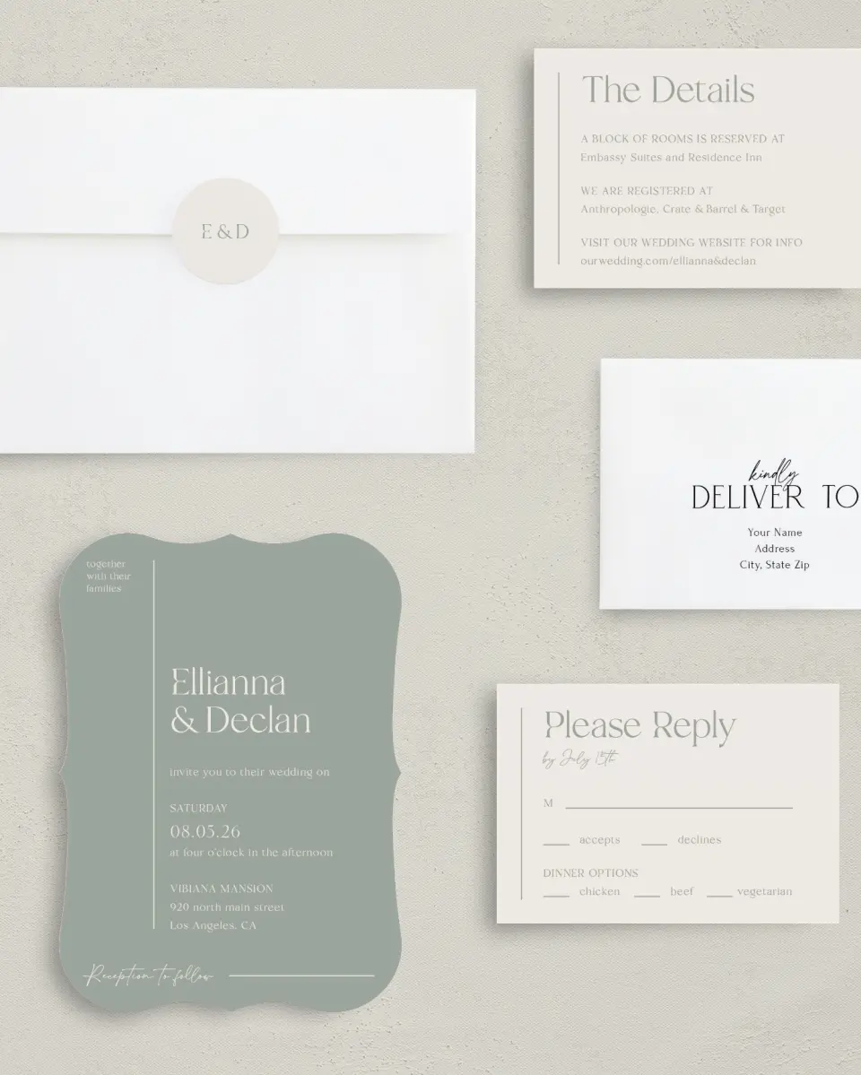 This is a 5" x 7" Bracket Wedding Invitation called Elegant Lines printed in full color with Silver foil on Luxe Satin (coated) paper