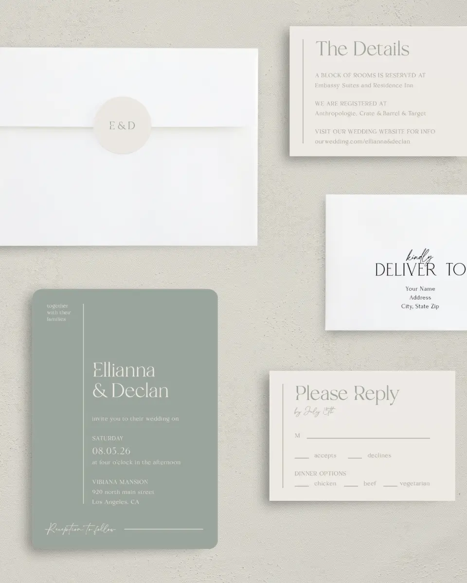 This is a 5" x 7" Rounded Wedding Invitation called Elegant Lines printed in full color with Silver foil on Luxe Satin (coated) paper