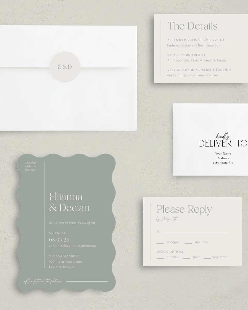 This is a 5" x 7" Wavy Wedding Invitation called Elegant Lines printed in full color with Silver foil on Luxe Satin (coated) paper