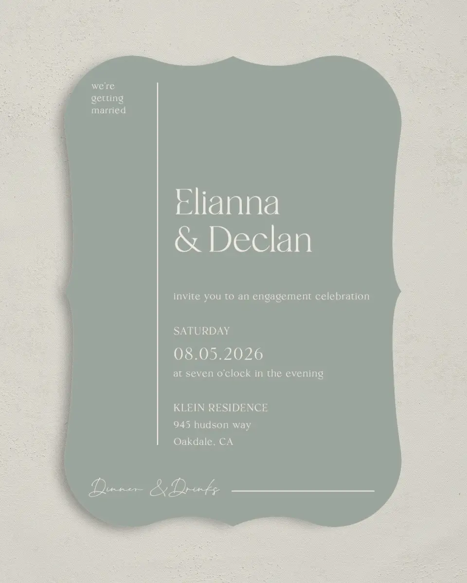 This is a 5" x 7" Engagement Party Invitation called Elegant Lines printed in full color with Gold foil on Luxe Satin (coated) paper