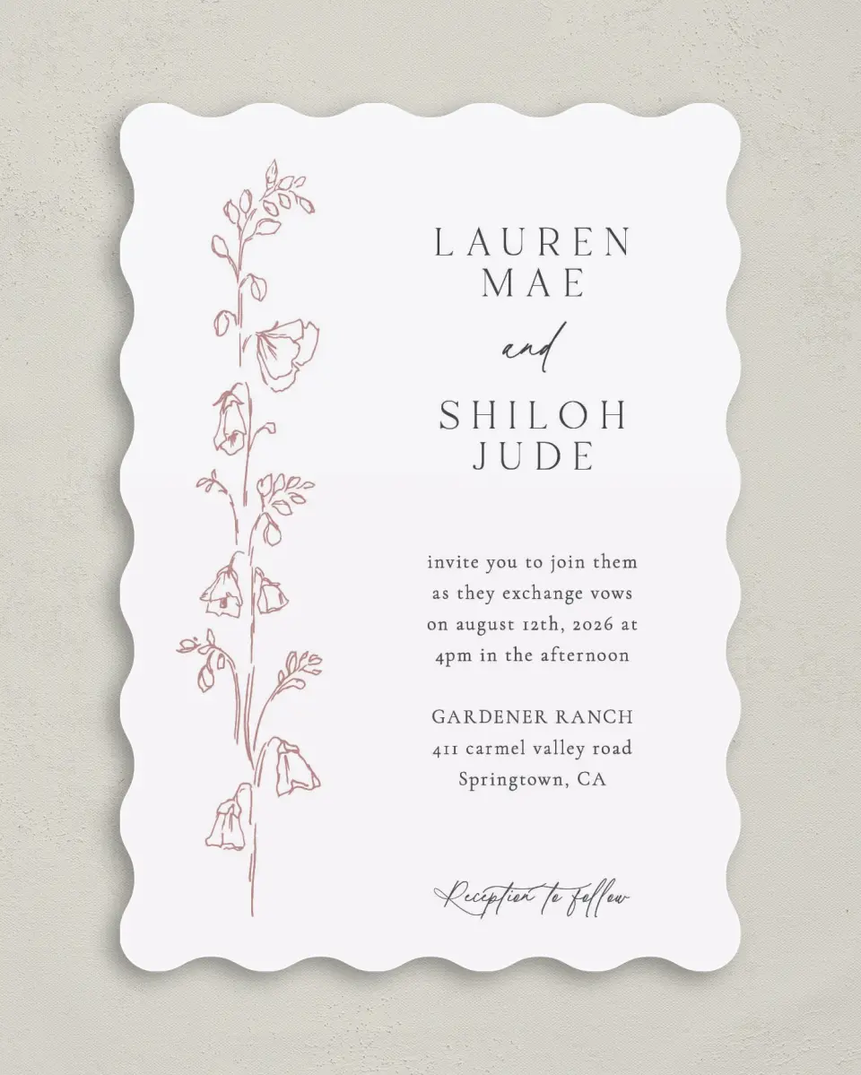 This is a 5" x 7" Wavy Wedding Invitation called Cute + Charming printed in full color on Premium Smooth paper
