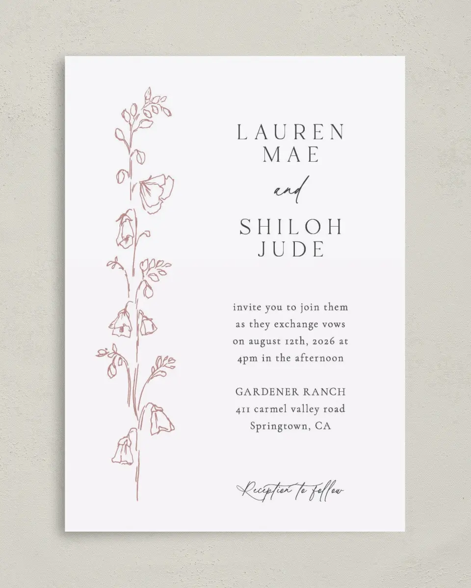This is a 5" x 7" Classic Wedding Invitation called Cute + Charming printed in full color on Premium Smooth paper