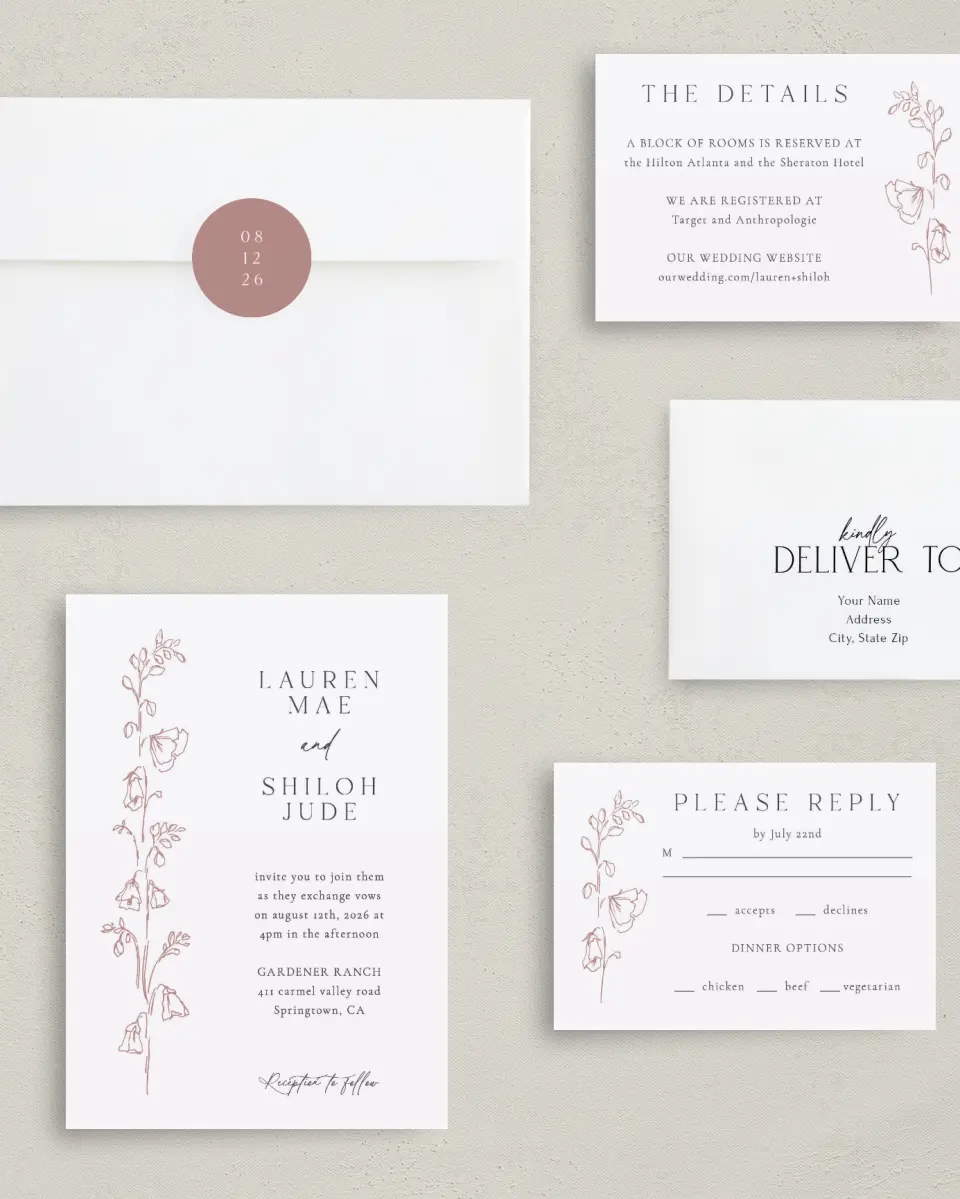 This is a 5" x 7" Classic Wedding Invitation called Cute + Charming printed in full color with Silver foil on Luxe Satin (coated) paper