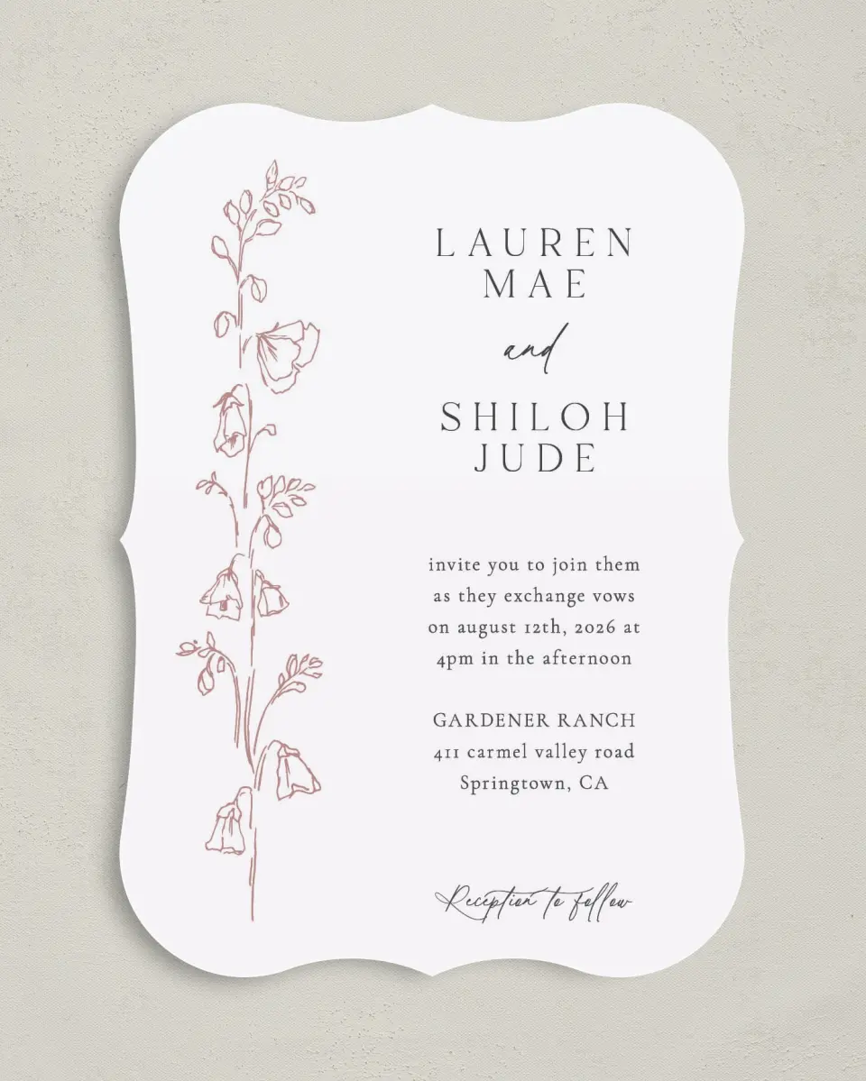 This is a 5" x 7" Bracket Wedding Invitation called Cute + Charming printed in full color with Silver foil on Luxe Satin (coated) paper