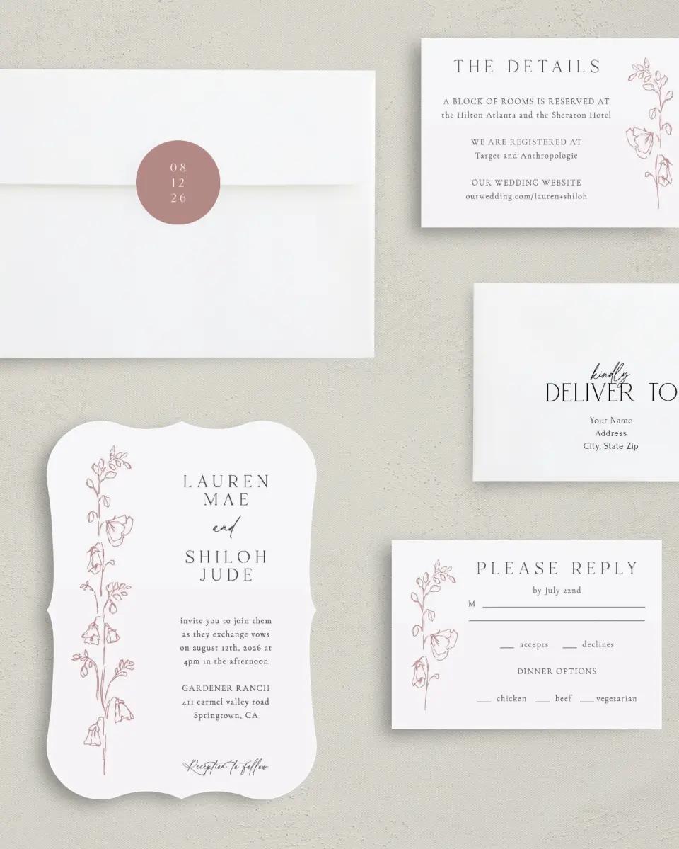 This is a 5" x 7" Bracket Wedding Invitation called Cute + Charming printed in full color with Silver foil on Luxe Satin (coated) paper
