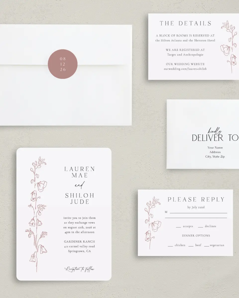 This is a 5" x 7" Rounded Wedding Invitation called Cute + Charming printed in full color with Gold foil on Luxe Satin (coated) paper