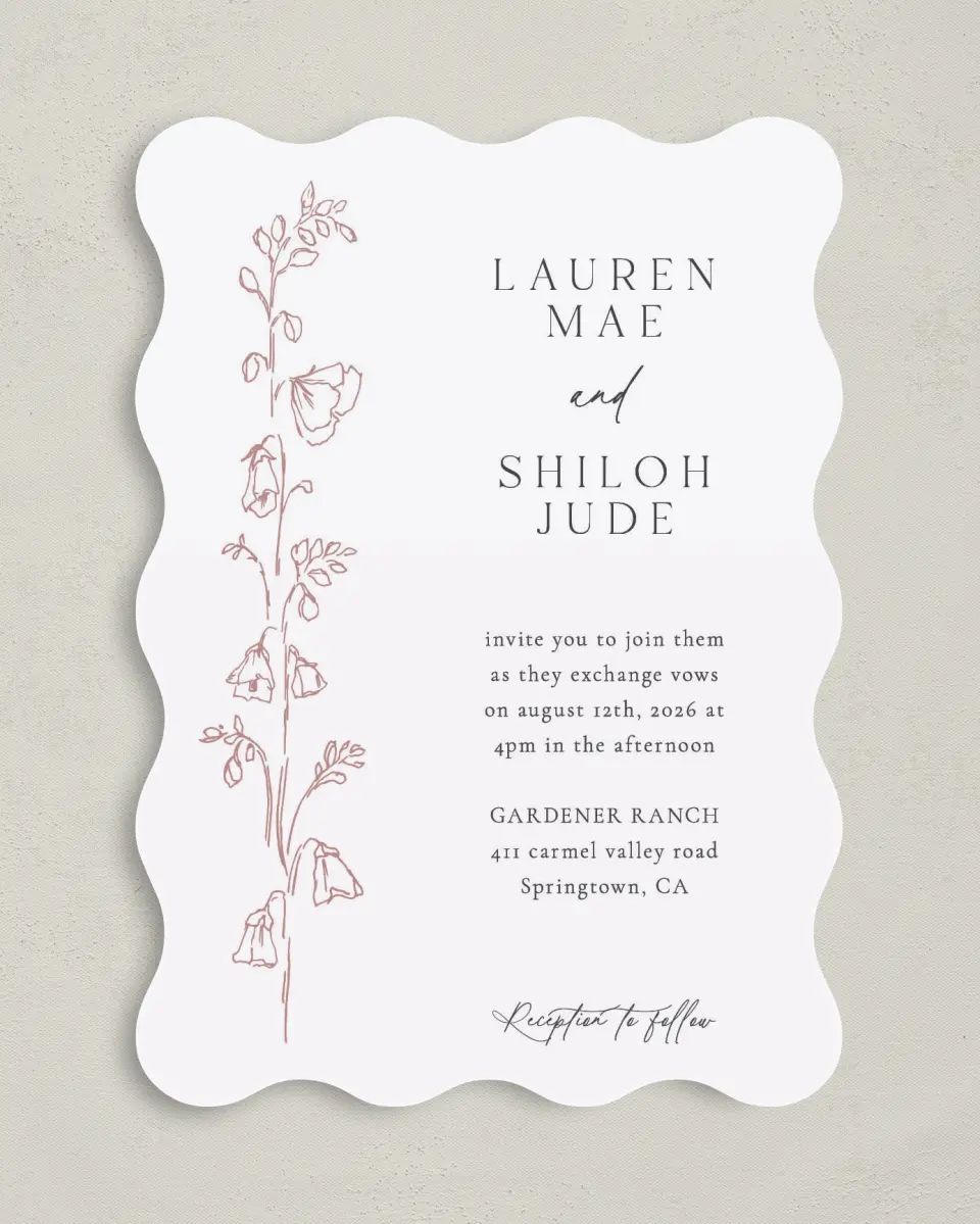 This is a 5" x 7" Wavy Wedding Invitation called Cute + Charming printed in full color on Premium Smooth paper