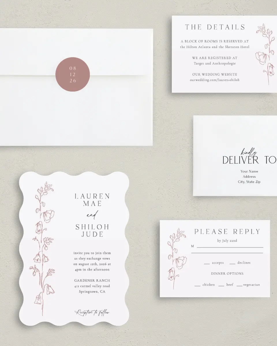 This is a 5" x 7" Wavy Wedding Invitation called Cute + Charming printed in full color with Silver foil on Luxe Satin (coated) paper