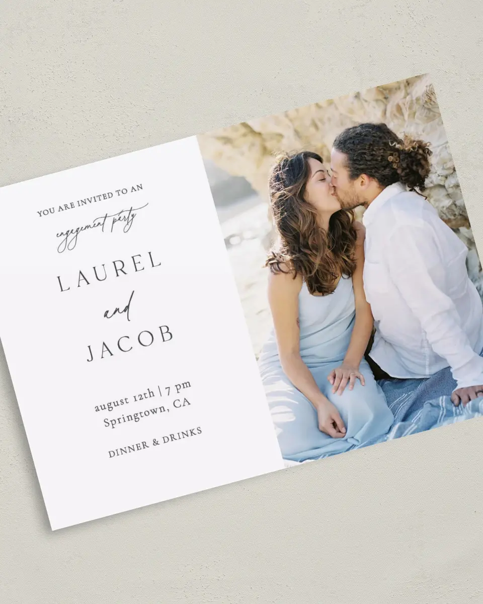 This is a 5" x 7" Engagement Party Invitation called Cute + Charming printed in full color with Rose Gold foil on Luxe Satin (coated) paper
