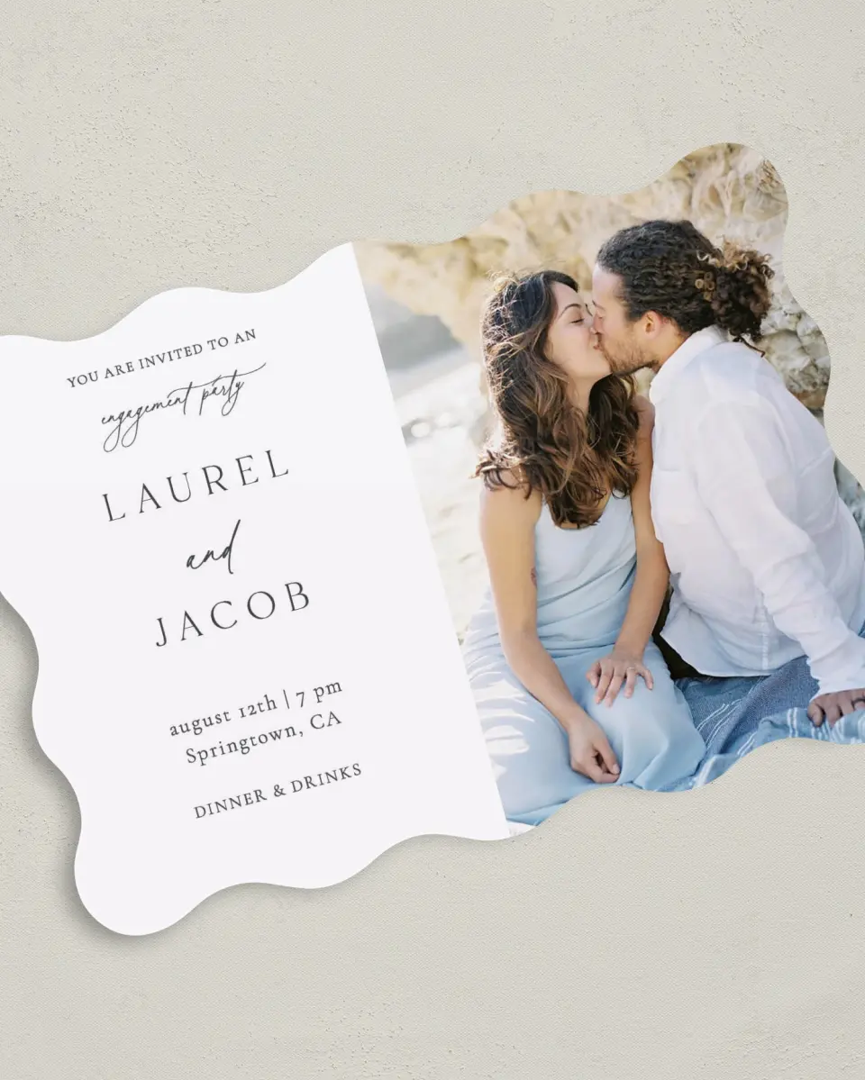 This is a 5" x 7" Wavy Wedding Invitation called Cute + Charming printed in full color on Premium Smooth paper