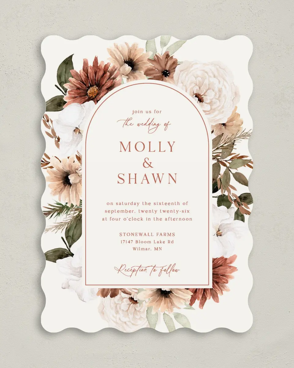 This is a 5" x 7" Wavy Wedding Invitation called Autumn Blooms printed in full color on Premium Smooth paper
