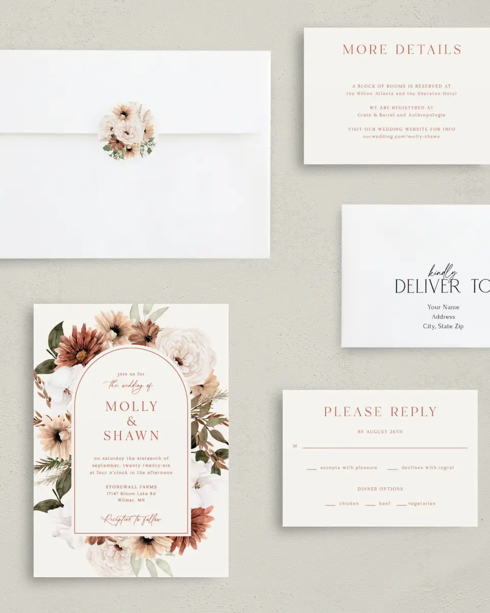 This is a 5" x 7" Classic Wedding Invitation called Autumn Blooms printed in full color with Rose Gold foil on Luxe Satin (coated) paper