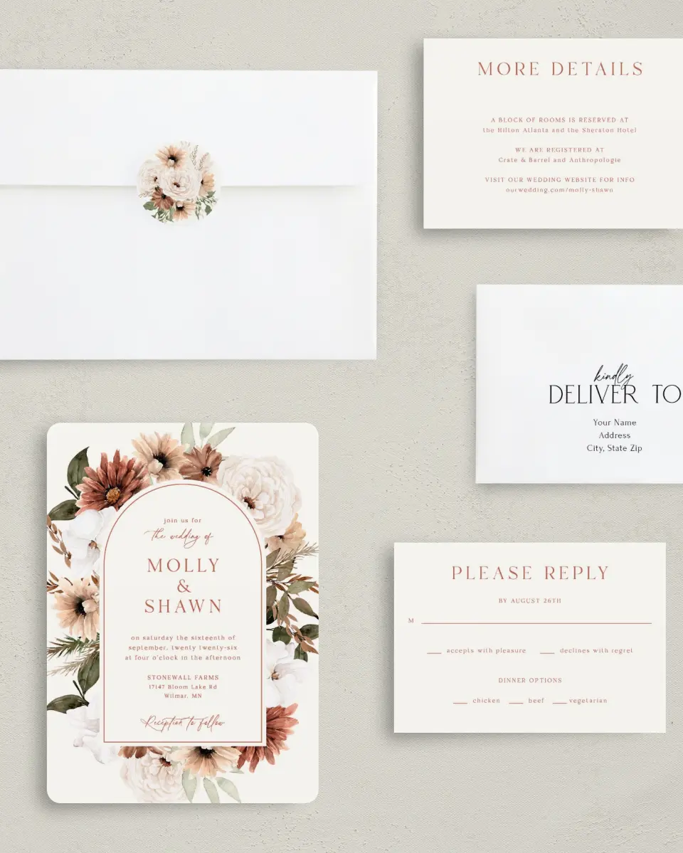 This is a 5" x 7" Rounded Wedding Invitation called Autumn Blooms printed in full color with Silver foil on Luxe Satin (coated) paper